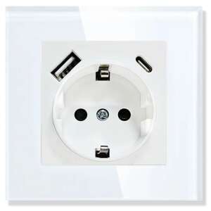 iUni UC1 16A Glas-Wandsteckdose mit USB-A und USB-C-Anschlüssen - Vorderansicht - IUni