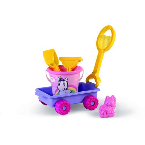 Unicorn beach wagon with bucket, shovel, rake, and mold