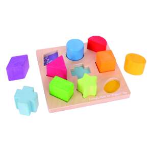 Wooden shape sorter toy with 9 colorful shapes and a board with matching holes - Shape Sorting Toy