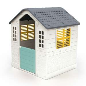 White plastic playhouse with pet gate, windows and a green door - Dolu