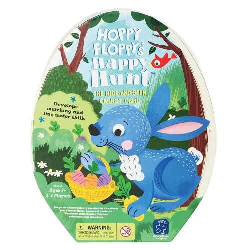 Pudełko gry Educational Insights Hoppy Floppy Happy Hunt z niebieskim królikiem zbierającym marchewki