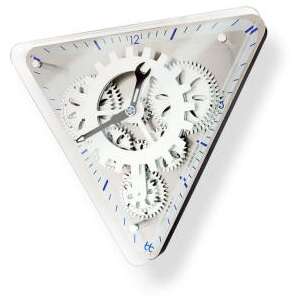 Gear Up Triangle Wall Clock, white, with visible gears - Decoration
