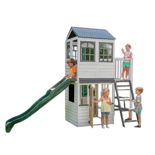 Wooden Play Park with Slide, Two-Story House and Balcony - Forest View