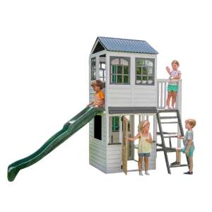 Wooden Play Park with Slide, Two-Story House and Balcony - Forest View