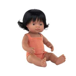 Miniland 38 cm Baby Doll with Black Hair and Orange Outfit - Miniland