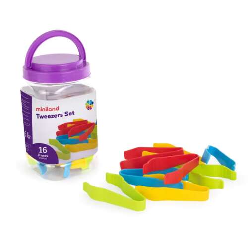 Miniland Tweezers Set, 16 colorful plastic tweezers for kids, great for developing fine motor skills