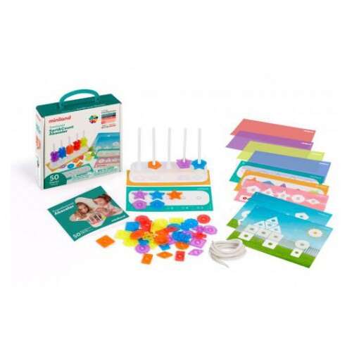 Miniland Stack & Count Abacus cu piese transparente, jucărie educativă pentru preșcolari, include 50 forme, abac, șnururi, cărți și caiet