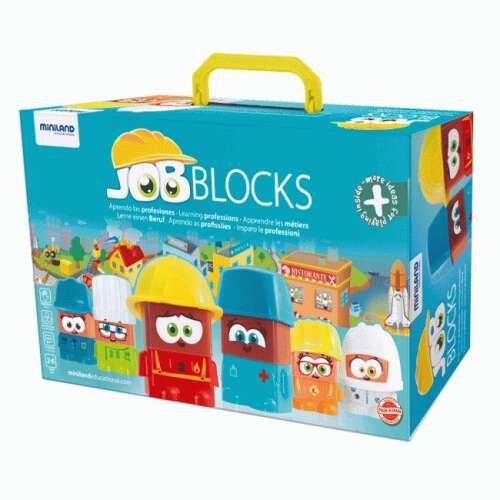 Set de construcție Miniland Jobblocks cu 6 personaje, 6 pălării, 6 scene de joc și instrucțiuni