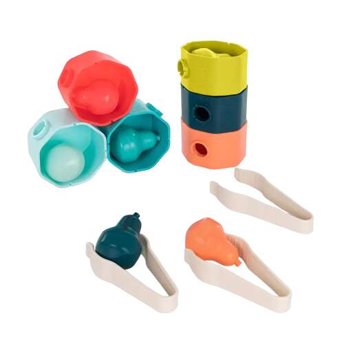 Sorting Tree Trunks toy by Miniland, a colorful stacking and sorting game for toddlers, featuring tree trunks with different shaped holes and matching shapes to sort