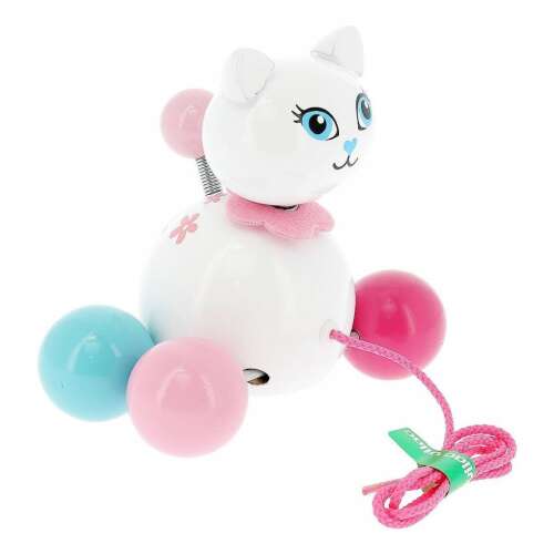 Vilac Cathy the Cat pull toy, white wooden cat with pink and blue wheels and a pull string