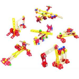 Set de construcție Batibloc din lemn, 100 de piese, construiește un macaraua, un elicopter, un avion și multe altele - Joc de construcție din lemn