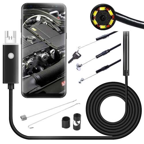 Endoscope inspection camera with 10m cable, USB connector, LED light, and accessories for Android and PC