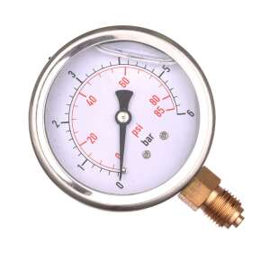 Predný pohľad na Manométer, nyomásmérő óra 0-6 bar 1/4" alsó csatlakozással (glicerin csillapítással) tlakomer s ciferníkom, ktorý zobrazuje tlak v baroch a psi - Technic