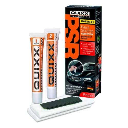Sada Quixx Paint Scratch Remover na opravu automobilového laku, obsahuje dve tuby leštiaceho prostriedku a dve brúsne podložky