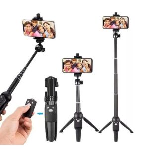Multiple views of black Bluetooth selfie stick tripod with remote - Andowl