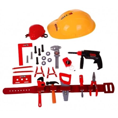 PlayTool 20 darabos játék szerszámkészlet sisakkal, fúróval, kalapáccsal, fűrésszel és tartozékokkal.