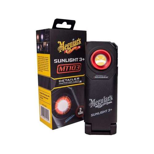 Meguiar's Sunlight 3+ MT103 Detailer Inspection Light, powerful LED light for car detailing, with adjustable brightness and color temperature, includes hook and magnetic base