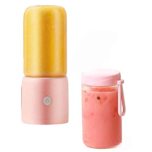 Kerisson Easy Mix Mini Electric Blender, pink, with two cups, one with orange juice and one with pink smoothie