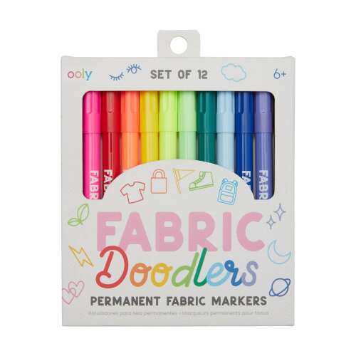 OOLY Fabric Doodlers állandó textiljelölők, 12 darabos készlet, 12 szín, állandó textiljelölők ruhákhoz, cipőkhöz, táskákhoz és még sok máshoz