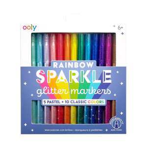 Ooly Rainbow Sparkle Glitter Markers, 15-count set of non-toxic glitter markers with round tips, includes 5 pastel and 10 classic colors - Drawing Tool