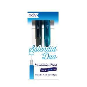 Ooly Splendid Duo Fountain Pens Set, 2 pens with 4 ink cartridges, black and blue ink - Ooly