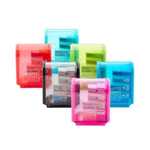 Mighty Sharpener, a set of 6 colorful pencil sharpeners with a clear plastic body and a built-in pencil holder - Ooly