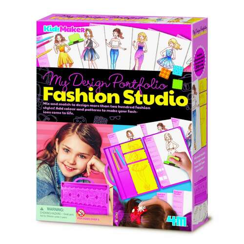 Kid Maker My Design Portfolio Fashion Studio, egy divat tervező készlet gyerekeknek, rózsaszín hordozható táskával, sablonokkal, zsírkrétával, ceruzával és papírral - 4M