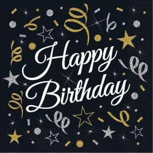 Happy Birthday napkins, black with gold and silver glitter, 20 pack - Napkin