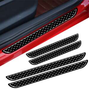 Set of 4 universal car door sill protectors, black and chrome diamond design, installed on a red car - EALMEU
