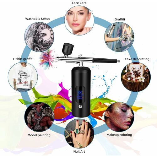 Portable Airbrush Kit with Compressor and Detachable Hose, Handheld Sprayer, LCD Display, 0.3 mm Nozzle, for Manicure, Makeup, Painting, Cake Decorating, Graffiti, Temporary Tattoos, Pink