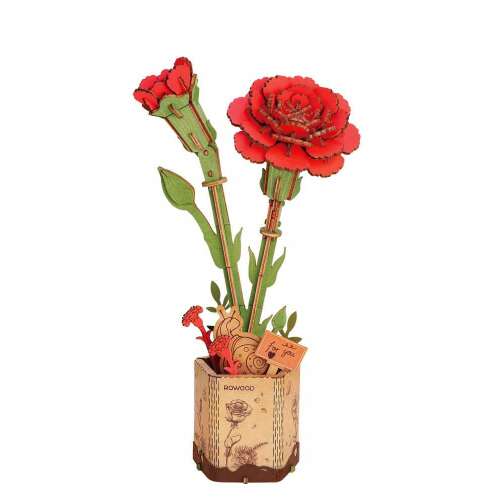 Rowood 3D wooden puzzle, red carnation flower, 124 pieces, assembled