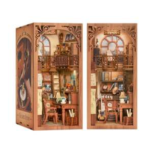 Puzzle 3D din lemn The Secret Rhythm, asamblat, arătând interiorul unei camere de muzică cu o pisică, cărți și instrumente muzicale - Puzzle 3D