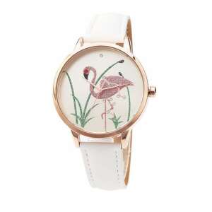 MBrands women's watch with flamingo design, white leather strap, rose gold accents - Women's Watch
