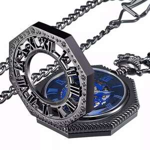 MBrands black and blue octagonal skeleton mechanical pocket watch with chain - Men's Watch