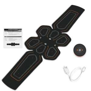 Black abdominal muscle stimulator belt with USB cable and controller, showing the front view of the product - Muscle Stimulator