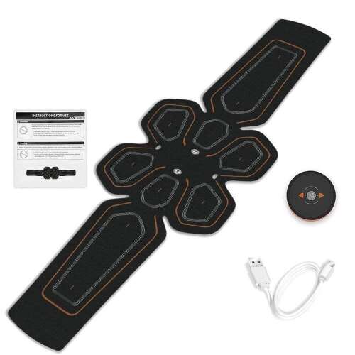 Black abdominal muscle stimulator belt with USB cable and controller, showing the front view of the product