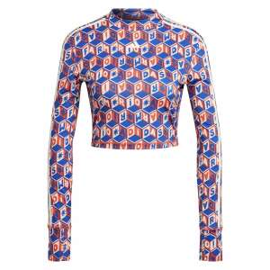 Adidas FARM CROP LS long sleeve crop top in blue, red, and white with a geometric pattern - Adidas Women's Sweater