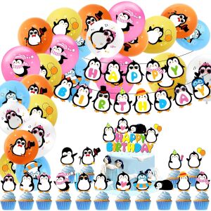 Pingvin Gyerekbuli Dekoráció - 16 db Tortafeltét, Girland, 20 Lufi