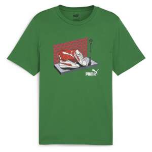Green Puma t-shirt with a graphic of a pair of Puma sneakers and a brick wall - Puma