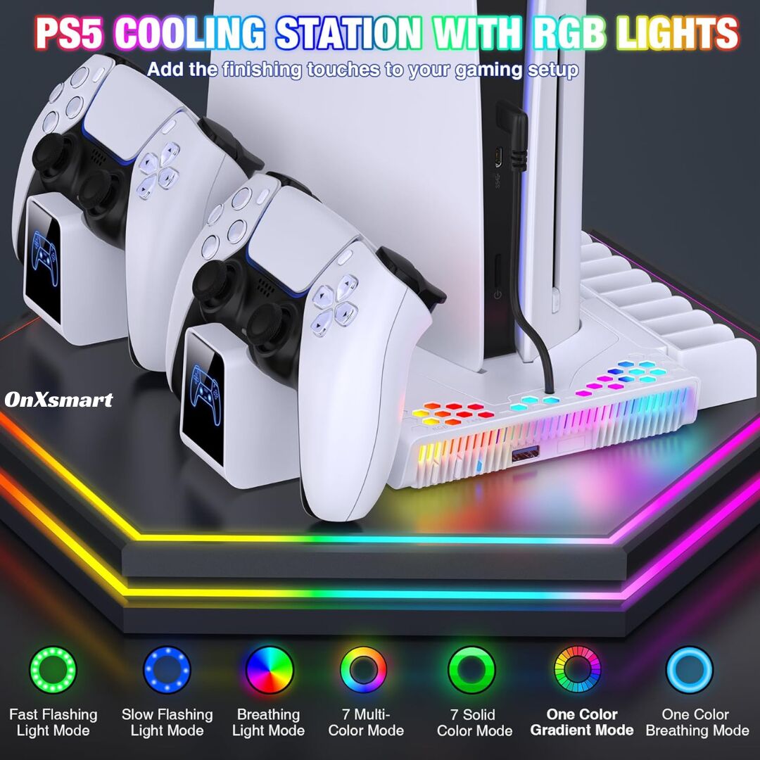 OnXsmart® PS5 Cooling and Charging Stand, 5-in-1 Multifunctional, Fast Charging, 14 Game Storage Slots, Headset Holder, PS5 SLIM, DIGITAL and DISC Compatibility, USB Connection, White