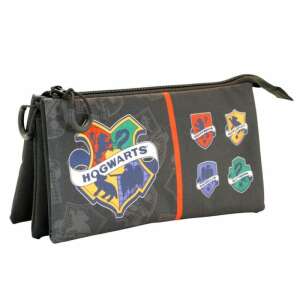 Harry Potter Hogwarts pencil case, black with Hogwarts crest and house crests, 23x11x10cm - Pencil Case