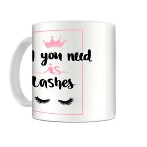 White ceramic mug with pink crown and eyelashes design, 'All you need is lashes' text, 330ml,  'Cana Csak szempillákra van szükséged' mug - Mug