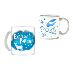 Harry Potter Expresso Patronum mug with deer patronus design, white mug with blue design, two sides of the mug are shown - Mug