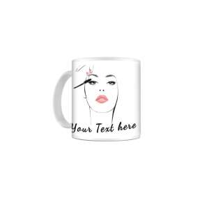 White ceramic mug with a black and white illustration of a woman applying mascara, with the text "Your Text here" below the illustration - Nonbrand Mug