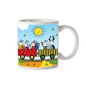 Bobita and Katicabogár mug, 330ml, white ceramic mug with colorful cartoon design of bugs on a train - Mug