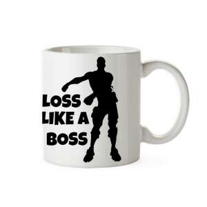 Fortnite Floss Like A Boss mug, white ceramic mug with black silhouette of a Fortnite character dancing, text says 'Floss Like A Boss' - Gift mug
