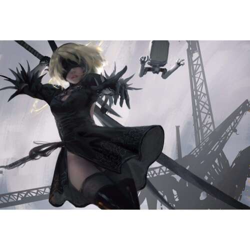 Nier Automata 2B poszter, 61x90cm, a 2B karaktert ábrázolja fekete ruhában és karddal, szürke háttérrel és egy daruval a háttérben - Poszter