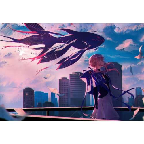 Poszter: A virtuális gumó, 61x90cm, poszter2184, anime lány rózsaszín hajjal és egy fekete hal a levegőben - Otthon és kert