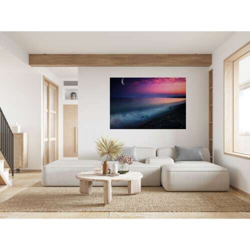 Tengerparti vászonkép, éjszakai égbolt, hold, part, hullámok, 80x50cm, falon lóg a nappaliban - Falikép