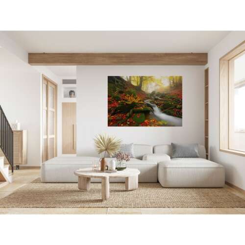Őszi erdő patak vászon falikép, 80x50cm, tabloucanvas322, nappaliban lóg 